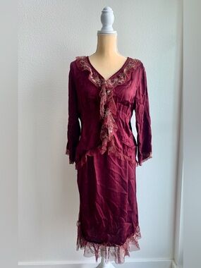 Nataya Vintage Burgundy Two-Piece Blouse Skirt Set with Embroidered Lace Trim